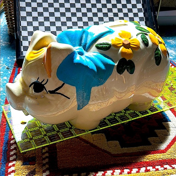 Oversized Chunky Piggy Ceramic Bank 14” Floral & Bow Decor – Whimsy Vintage - Picture 11 of 11
